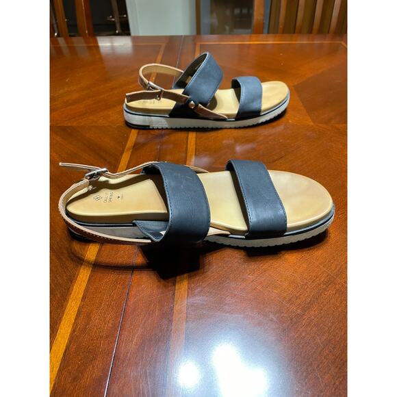 Call it Spring Women Sz 9 Sandals DoubleStrap Vegan Ankle Strap Buckle Black Tan - Picture 3 of 9